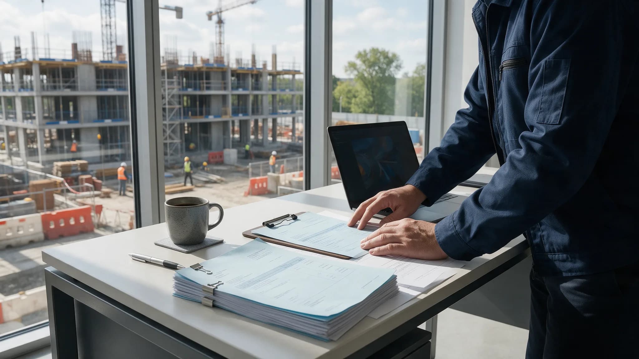 Construction procurement manager reviewing purchase orders and contract documents at a desk overlooking an active construction project.
