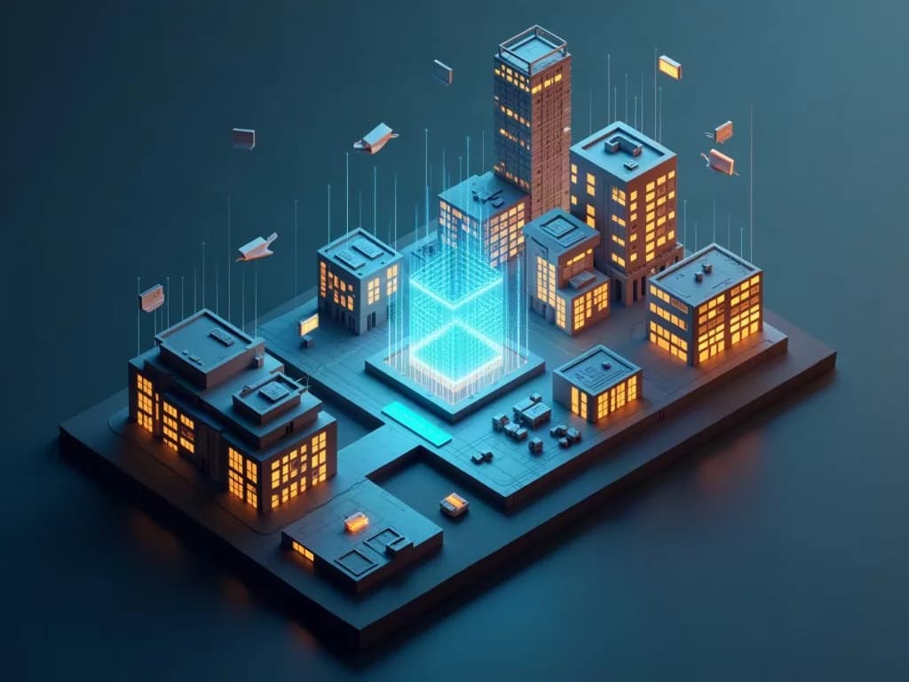 Isometric illustration of a connected smart city with a glowing central data hub representing unified construction project intelligence