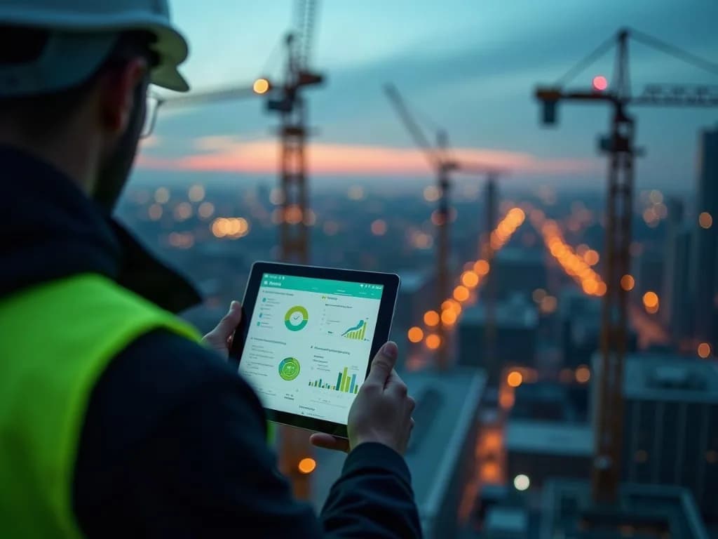 Construction worker reviewing a live project dashboard on a tablet at a job site at dusk