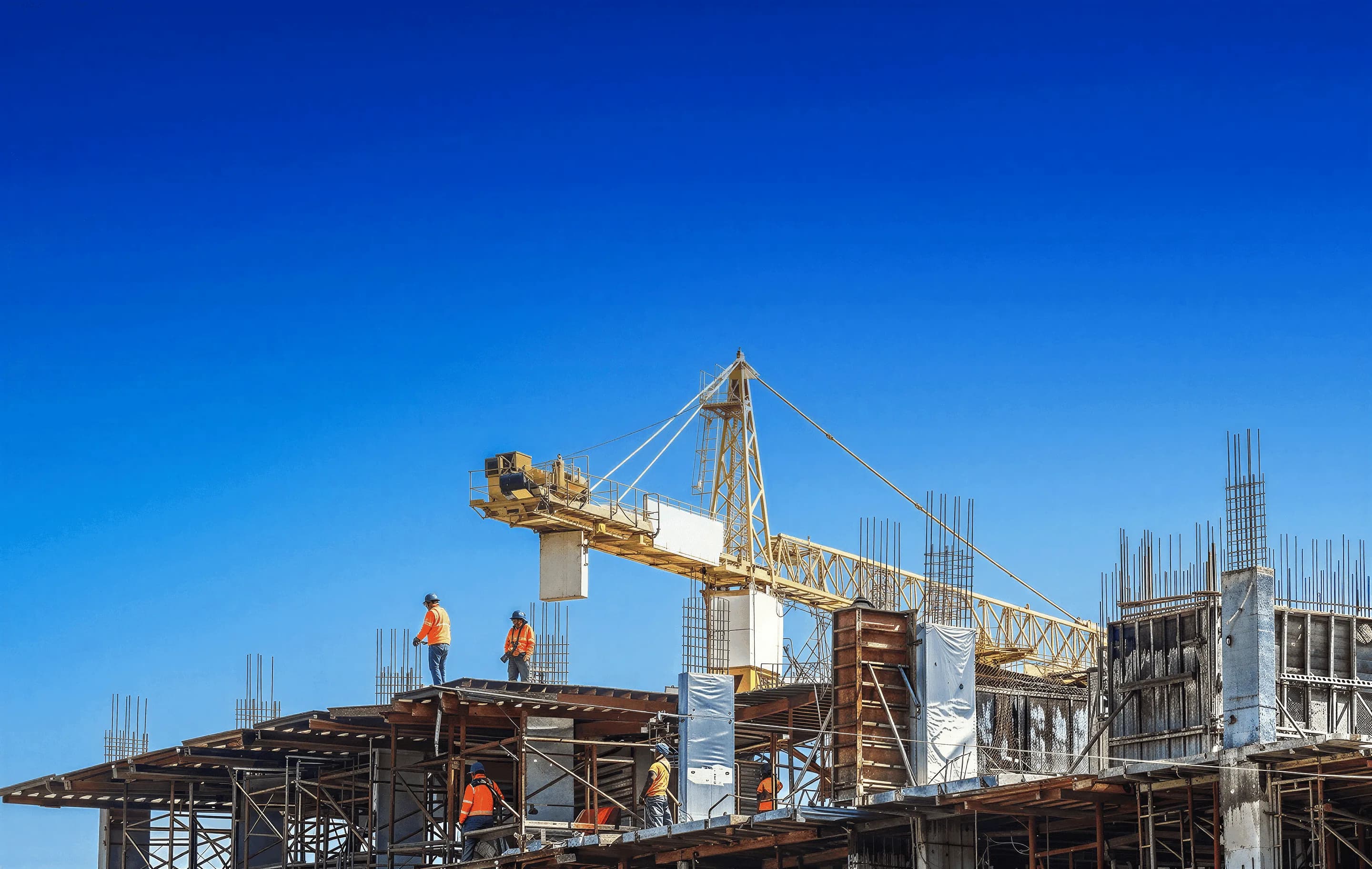 Construction site with workers and building structures